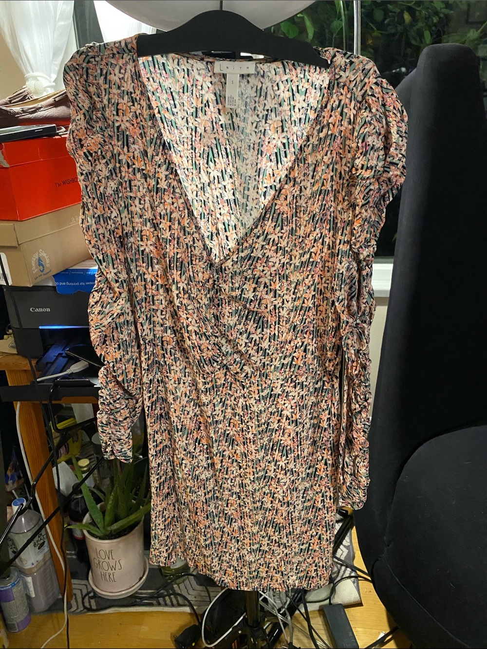 Leith Long Sleeve Floral Plunge Ruched Dress